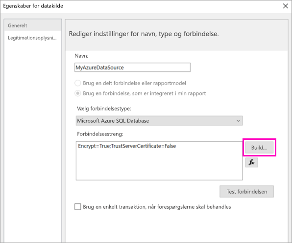 Screenshot showing Build button in Data source properties.