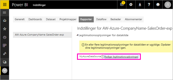 Screenshot showing Edit report credentials.