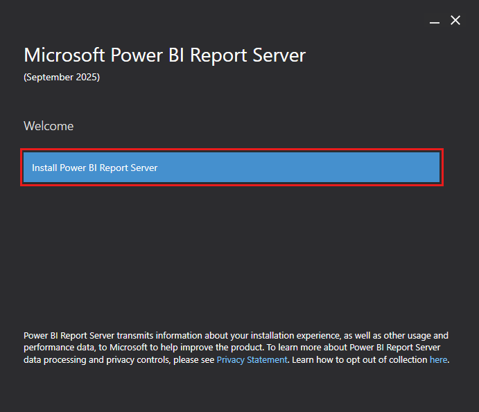 Skærmbillede af velkomstsiden i installationsprogrammet til Power BI-rapportserver. Knappen Installér Power BI-rapportserver er fremhævet.