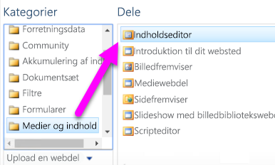 Skærmbillede, der viser, hvordan man vælger Content Editor Web Part.