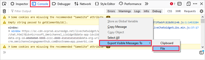 Skærmbillede af fanen Konsol valgt, og indstillingen Eksportér synlige meddelelser vises.