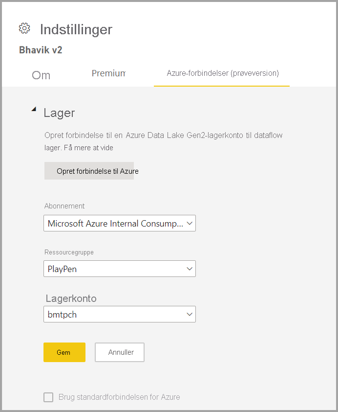 Skærmbillede af vinduet Indstillinger, når du har valgt Opretter forbindelse til Azure.