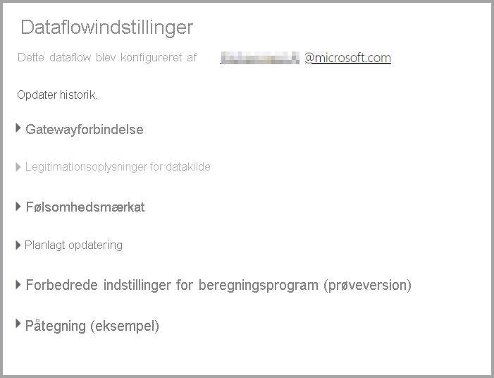 Skærmbillede af siden Indstillinger for et dataflow, når du har valgt Indstillinger på rullelisten dataflow.