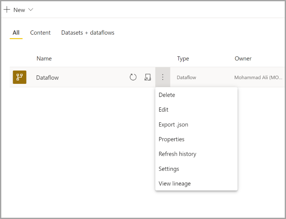 Skærmbillede af rullelisteindstillingerne for et Power BI-dataflow.