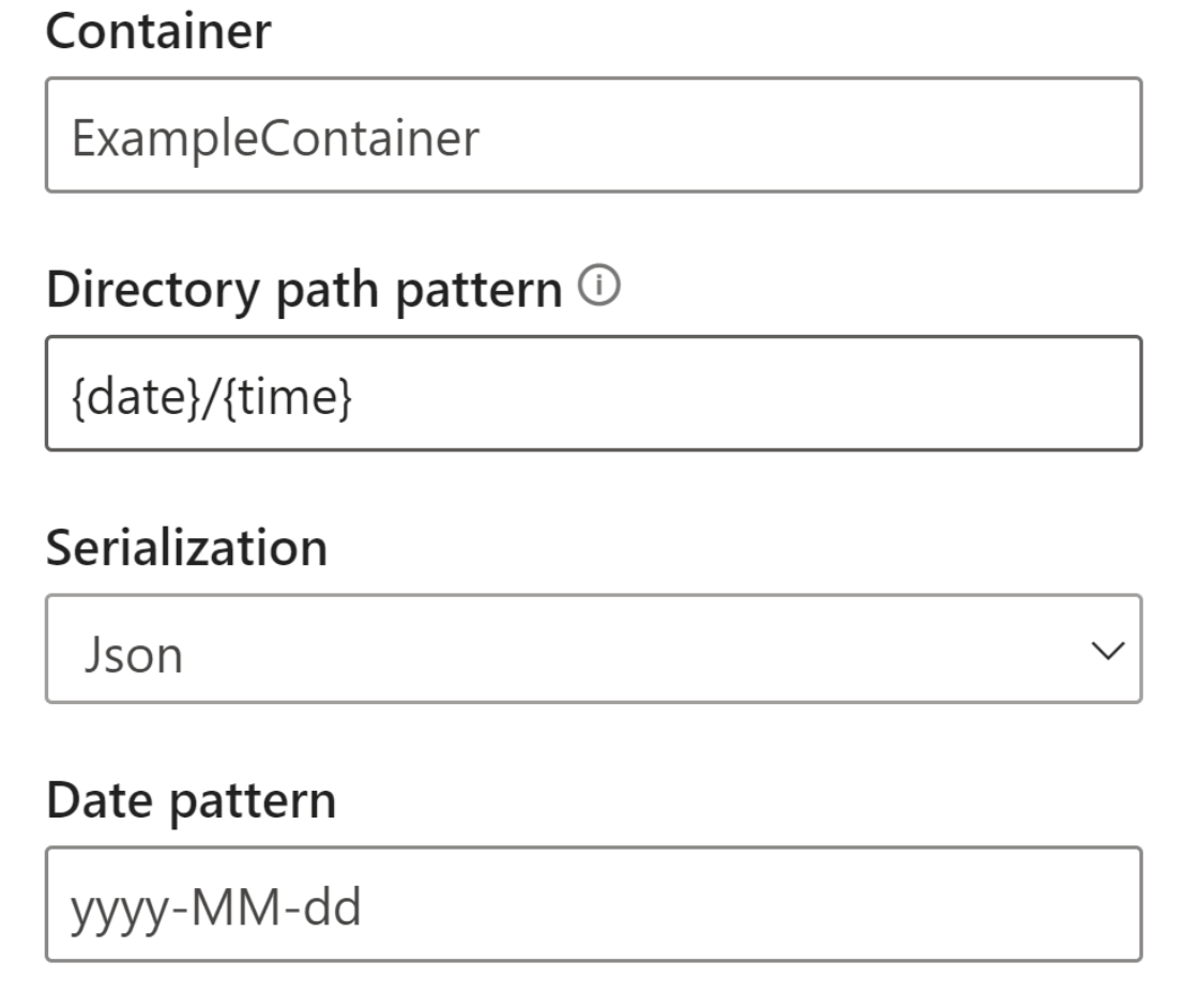 Screenshot that shows the stream blob input boxes used to configure the example container.