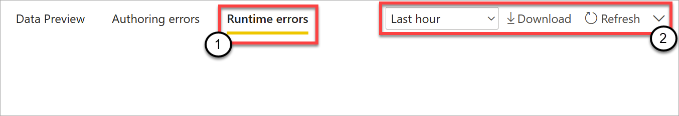 Screenshot that shows the tab for runtime errors, along with options for filtering, downloading, and refreshing.