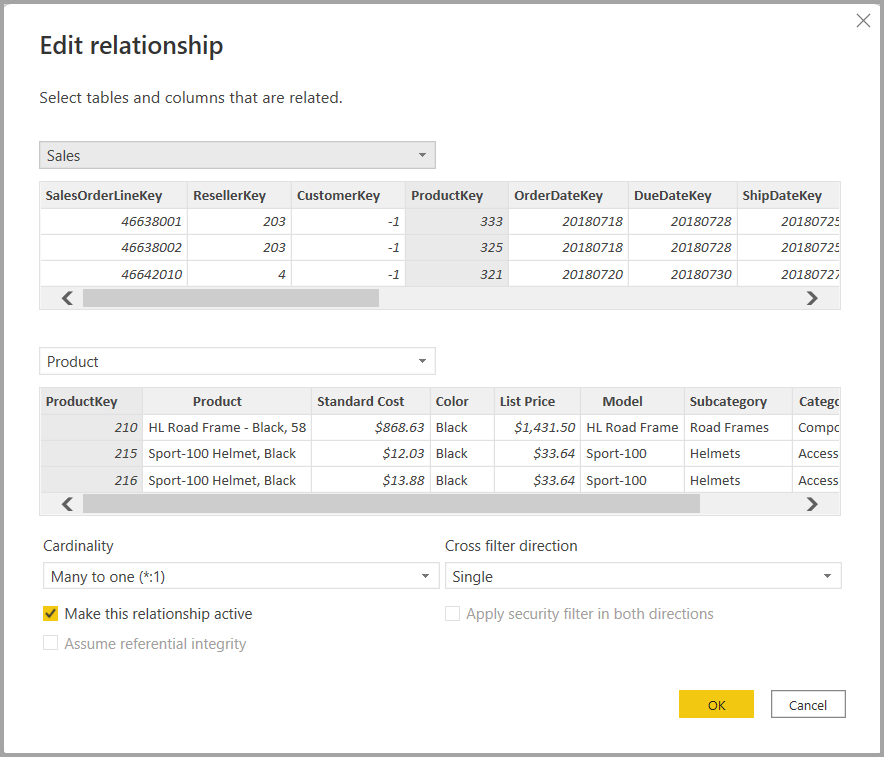 Screenshot of the edit relationship window.