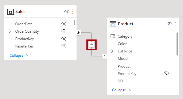 Skærmbillede af to tabeller i modeldiagrammet, hvor pilespidsen på tværs af filtre er fremhævet.