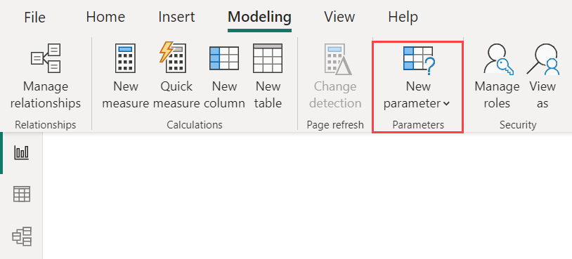 Skærmbillede af Power BI Desktop-båndet. På fanen Modellering er knappen Ny parameter fremhævet.