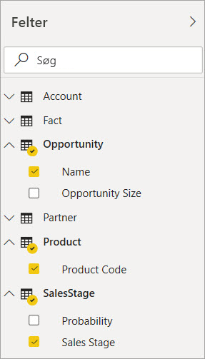 Screenshot showing the selection of the Name, Product Code, and Sales Stage fields.