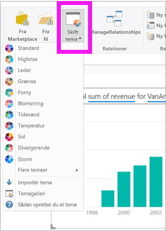 Screenshot that shows how to select the Themes drop-down menu in Power BI Desktop.