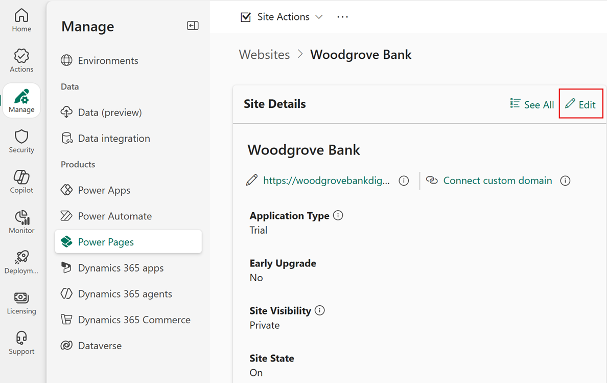 Power Pages side med oplysninger om webstedet, der viser oplysninger om webstedet, før du redigerer.
