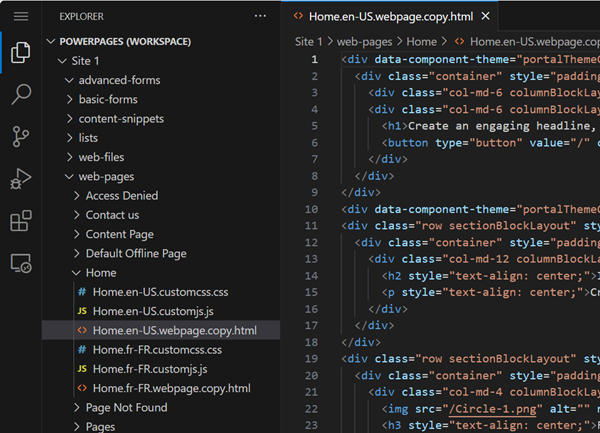 Explorer-menuen for et ikke-navngivet arbejdsområde, der viser webfiler.