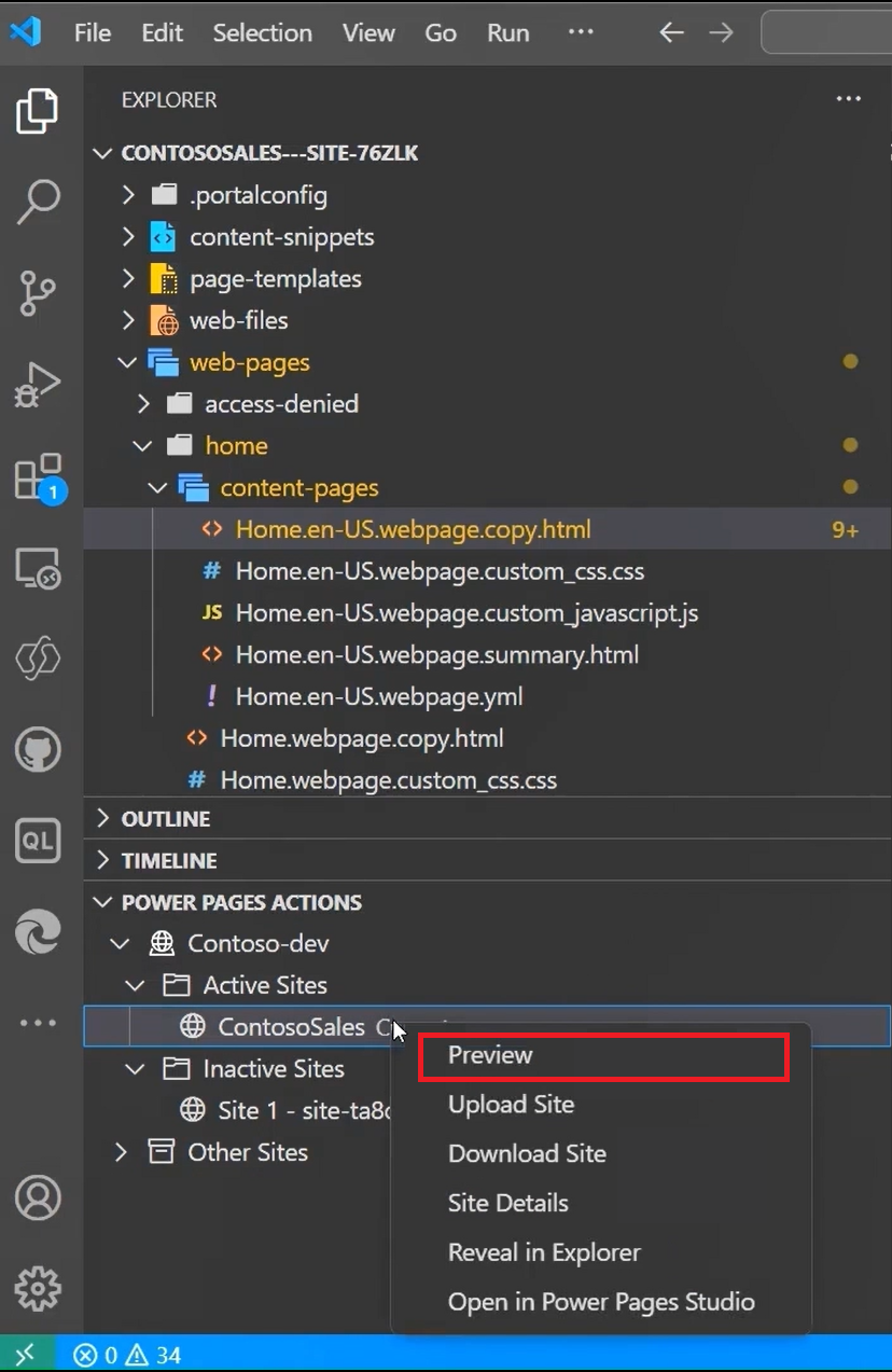 Skærmbillede af forhåndsversion af handlingen Power Pages-websted.