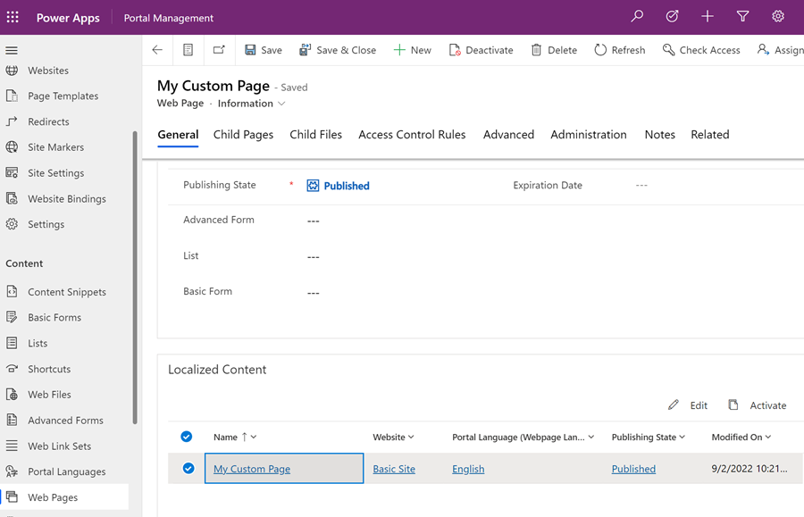Skærmbillede, der viser valg af den lokaliserede indholdsside.