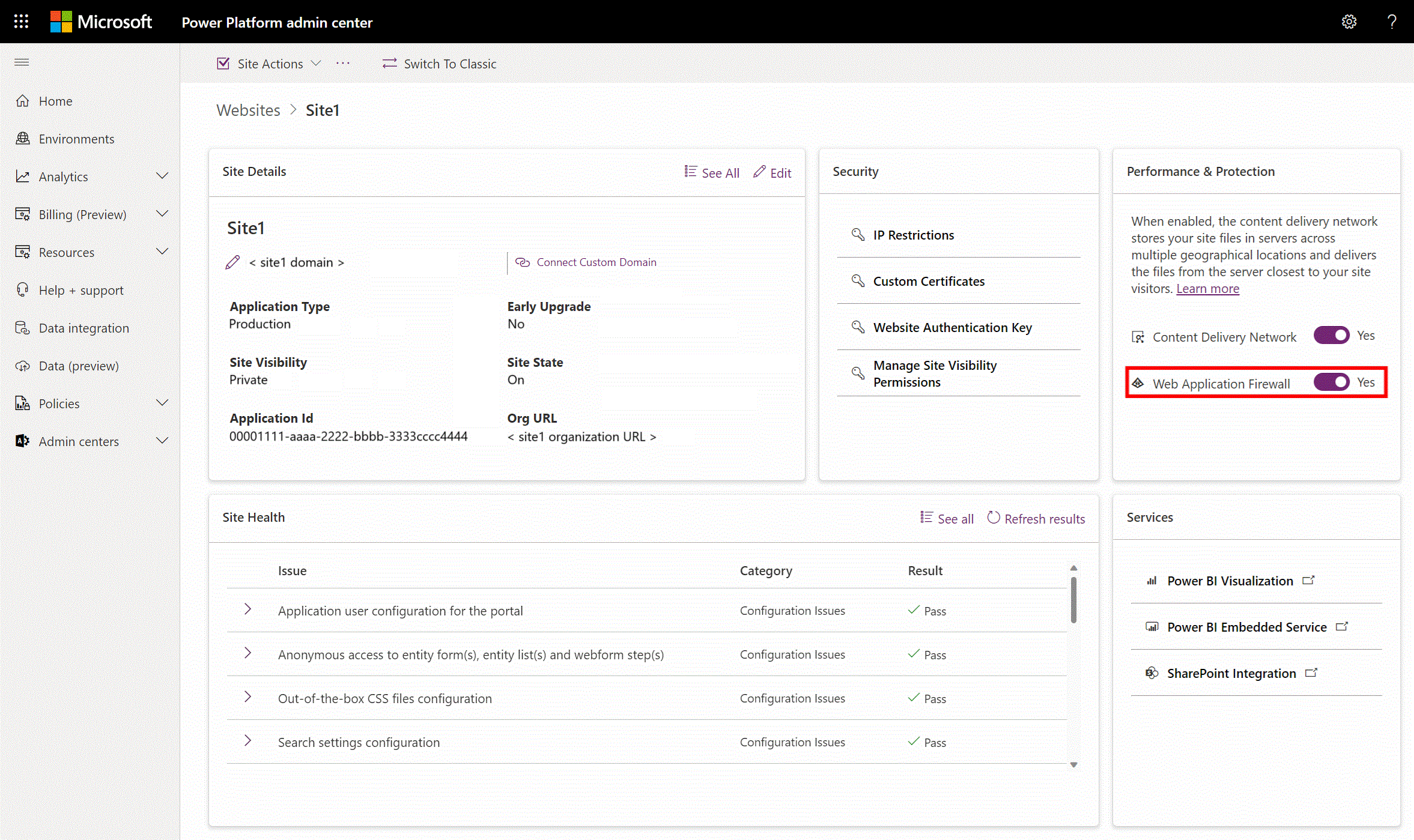 Kortet Ydeevne og beskyttelse i design studio med aktivér Web Application Firewall til/fra-knap aktiveret.