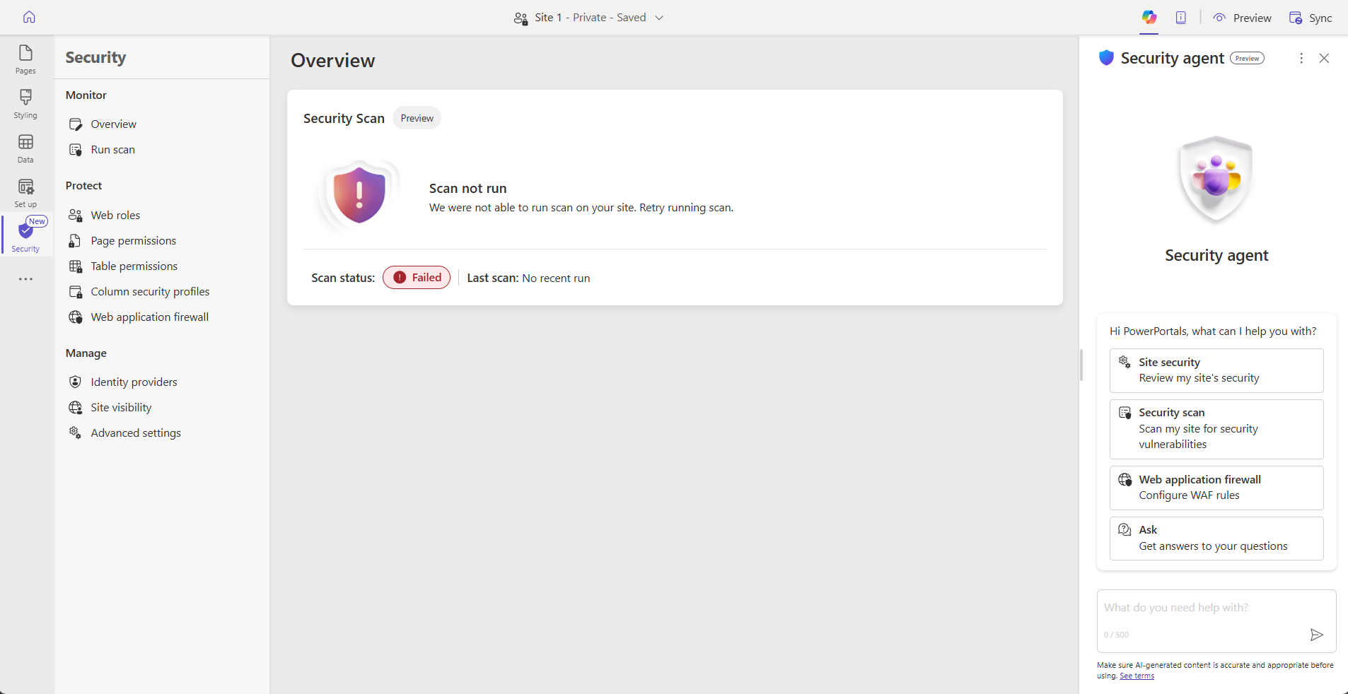 Skærmbillede af sikkerhedsagentens chat i Power Pages Design Studio.