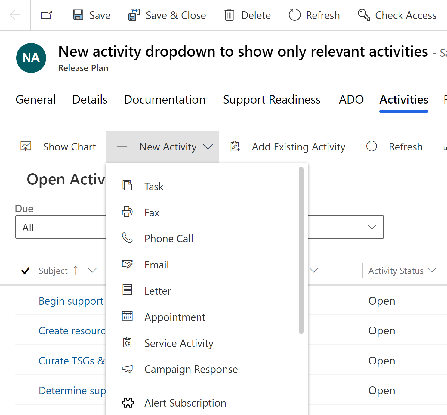 Options shown in new activity dropdown.