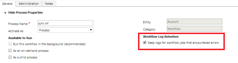 Indstil logge for arbejdsproces for at bevare logge for arbejdsprocesjobs, hvor der opstod fejl.