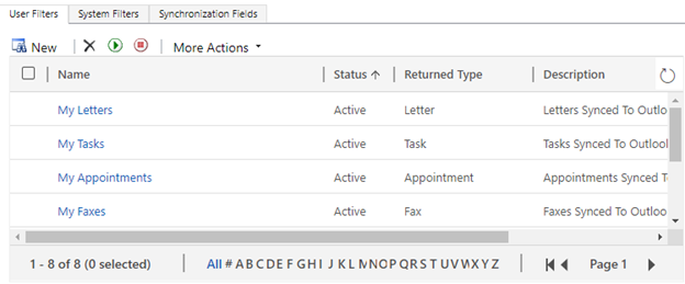 Skærmbillede af brugerfilter i personlige indstillinger.