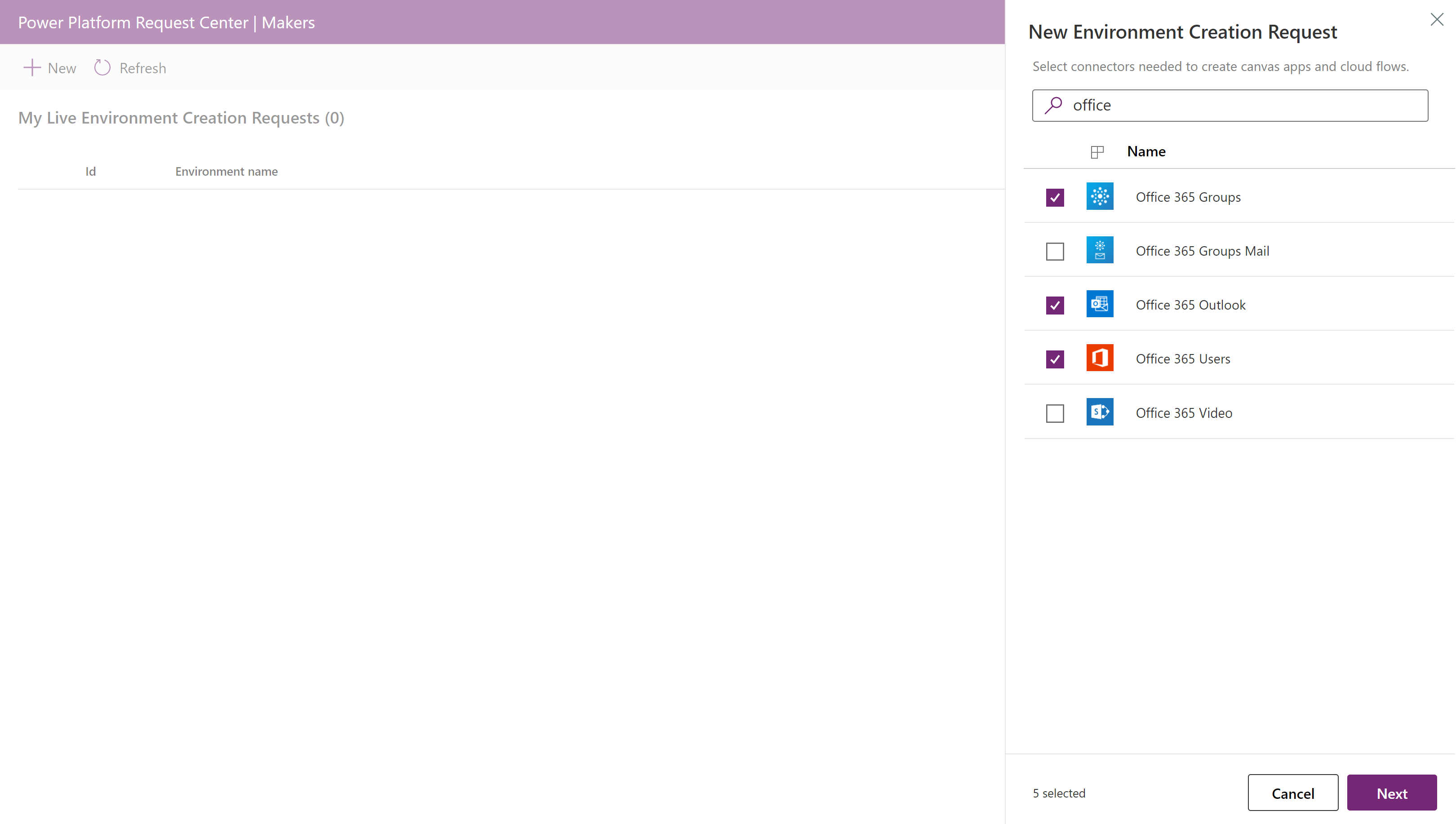 Skærmbillede, der viser panelet Ny miljøoprettelsesanmodning, hvor du vælger forbindelser.