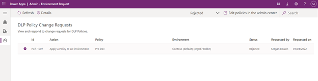 Skærmbillede, der viser anmodninger om ændring af DLP-politik i appen Administratormiljøanmodning.