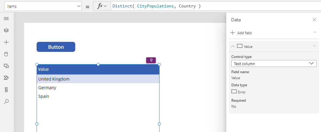 Output fra en Distinct-funktion, der vises i en datatabel.