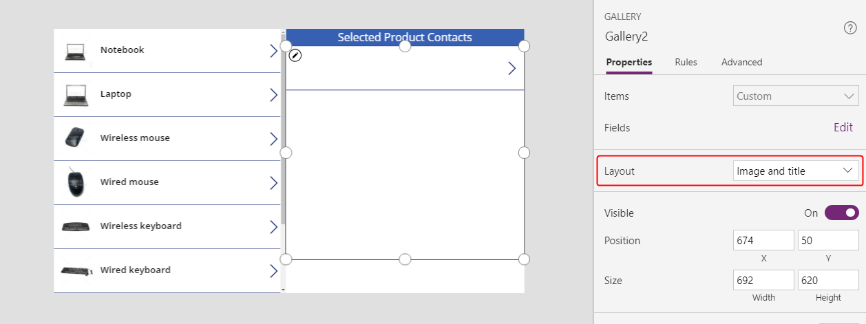 Konfigurer ContactsGallery – Layout.