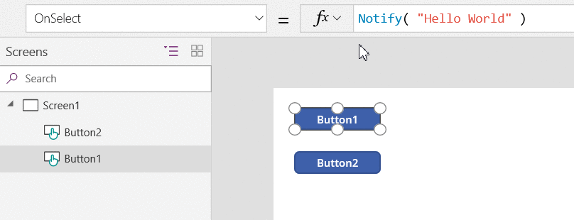 En animation, der viser indstillingerne for egenskaben OnSelect for de to knapper samt meddelelsen, når der klikkes på den anden knap.
