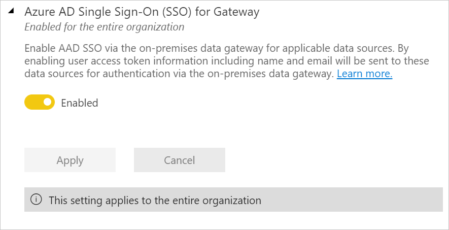Billede af SSO for Microsoft Entra ID for gateway, hvor indstillingen Aktiveret er aktiveret.
