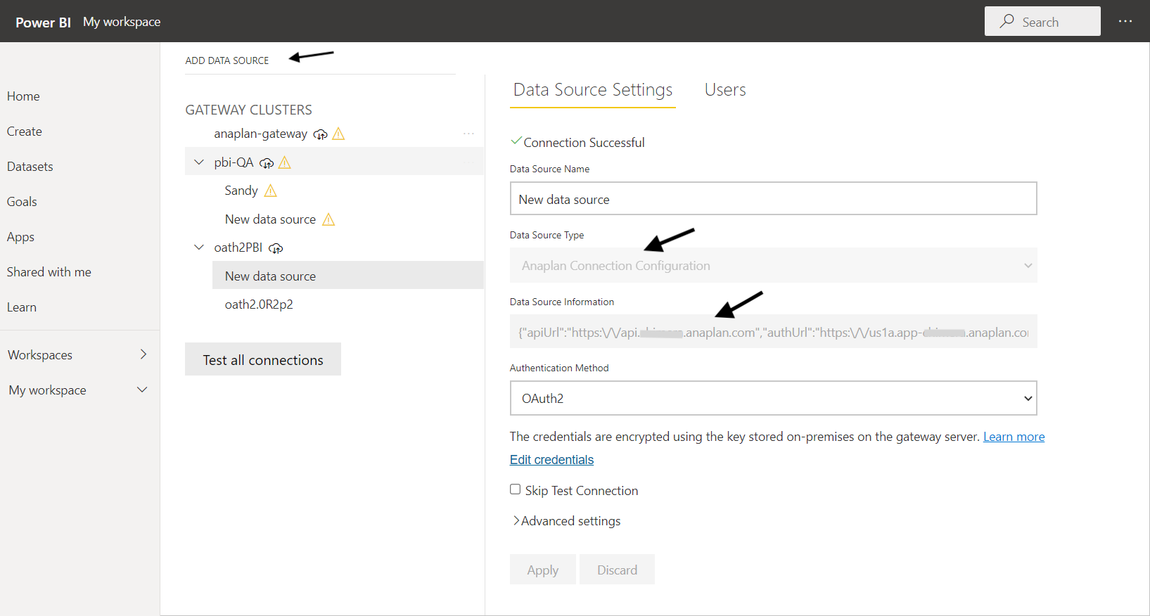 Dialogboksen Ny datakilde i Microsoft. Pile peger på selve knappen og to rullemenuer.
