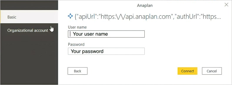 Dialogboksen Anaplan Forbind. Her kan du skrive dit brugernavn og din adgangskode.