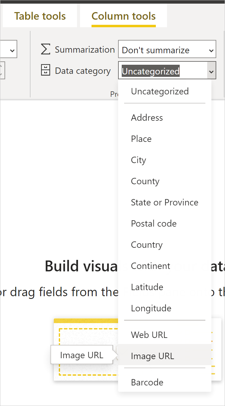 Skærmbillede af rullemenuen Datakategori med fremhævelse af billed-URL.