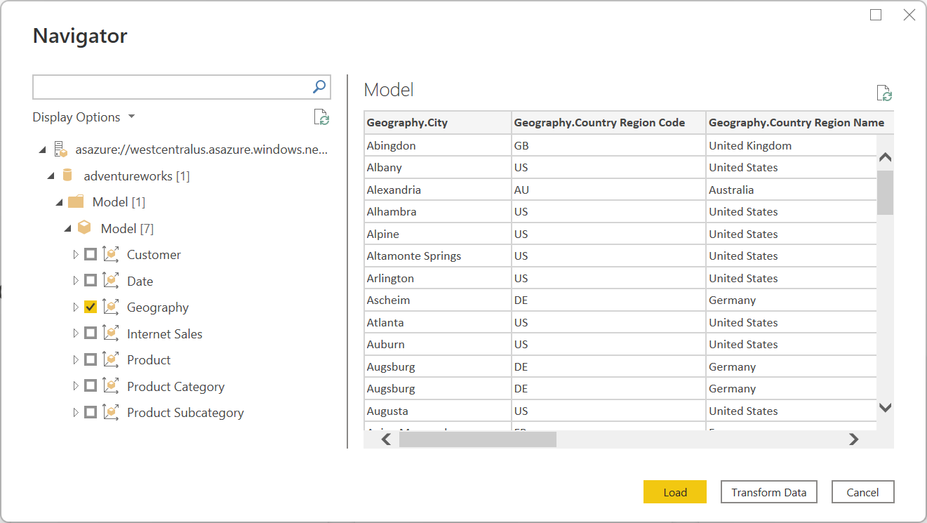 Power Query Navigator, der viser nogle af dataene for Salgsmål.