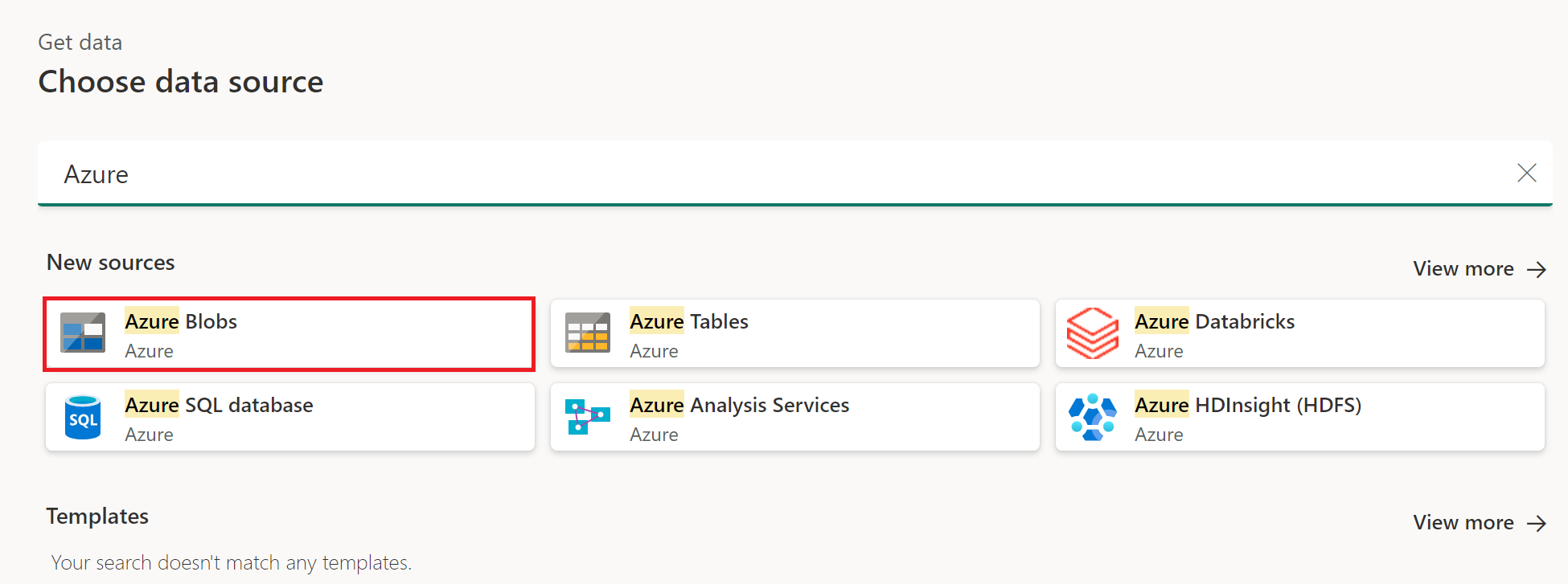 Skærmbillede af siden Vælg datakilde, hvor kategorien Azure er valgt, og Azure Blobs fremhævet.