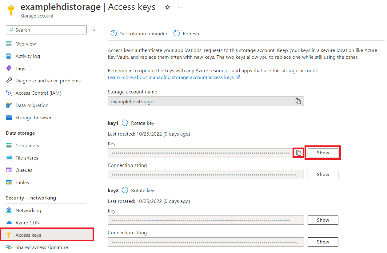 Screenshot of the example storage account in Azure, with Security + networking and Access keys emphasized.
