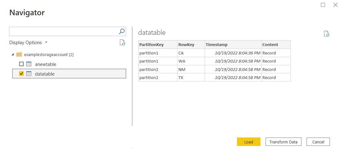 Skærmbillede af Azure Table Storage-navigatoren, hvor en af to tabeller er valgt.