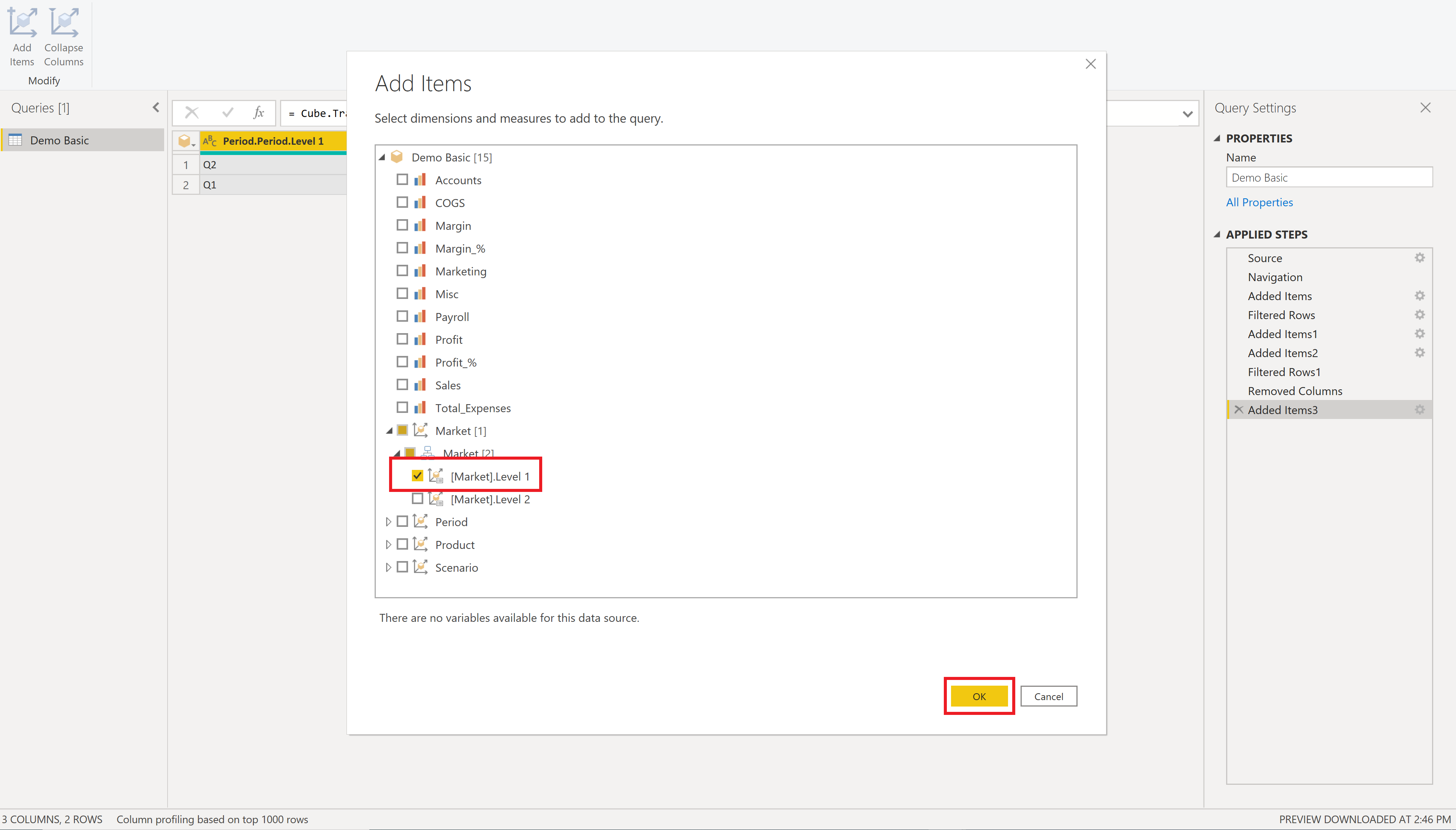 Vælg den ønskede dimension igen