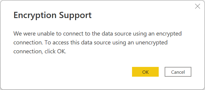 Billede af dialogboksen til understøttelse af kryptering, der understreger, at der ikke kunne oprettes forbindelse, og spørger, om der skal bruges en ukrypteret forbindelse.
