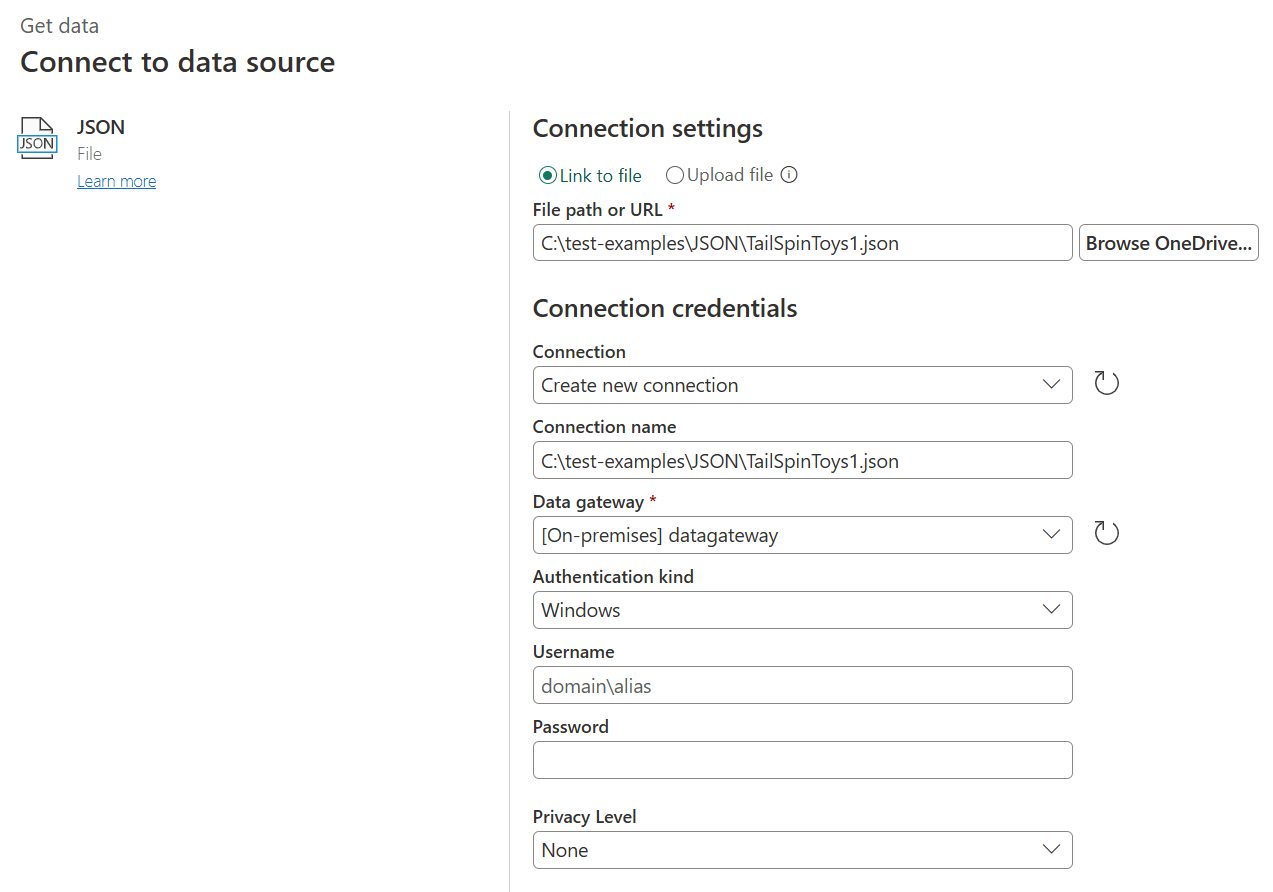 Billede af dialogboksen med JSON-forbindelsesindstillingen fra onlinetjenesten, hvor der vises en filsti, en datagateway og en Windows-godkendelsestype.