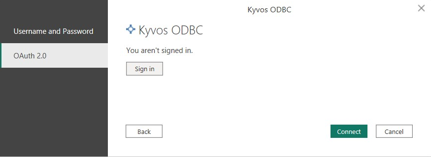 Skærmbillede af OAuth2_0, der viser valget af Kyvos ODBC Connector.