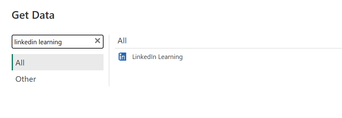 Skærmbillede af søgefeltet Hent data med returnerede søgeresultater, når der søges i LinkedIn Learning.