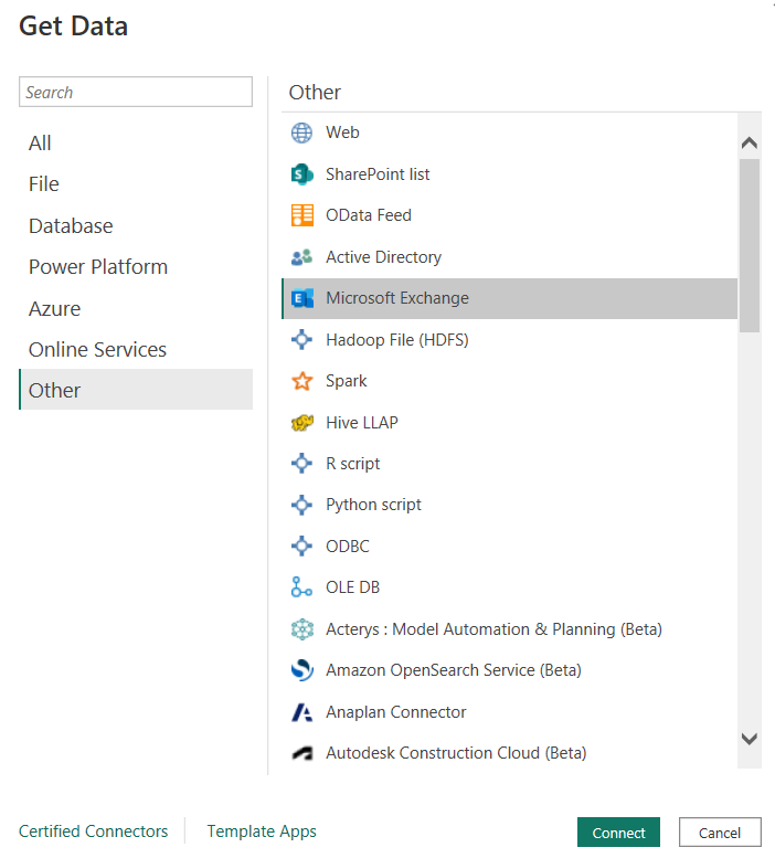 Skærmbillede af dialogen Hent Data, der viser Microsoft Exchange valgt.
