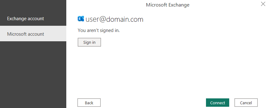 Skærmbillede af Microsoft Exchange-dialogen.