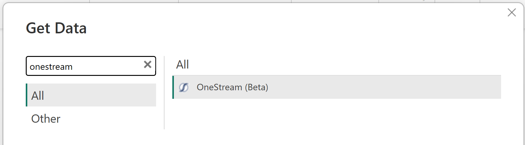 Skærmbillede af dialogboksen Hent data med OneStream indtastet i søgefeltet.