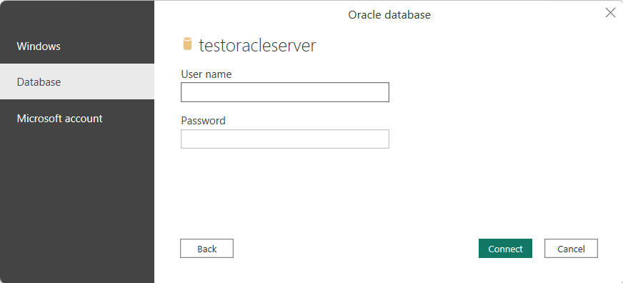 Angiv legitimationsoplysningerne for Oracle-databasen.