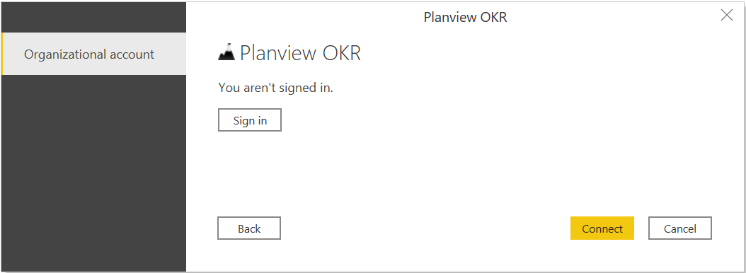 Skærmbillede af Planview OKR-kontoen, der er fremhævet, og som viser logonknappen.