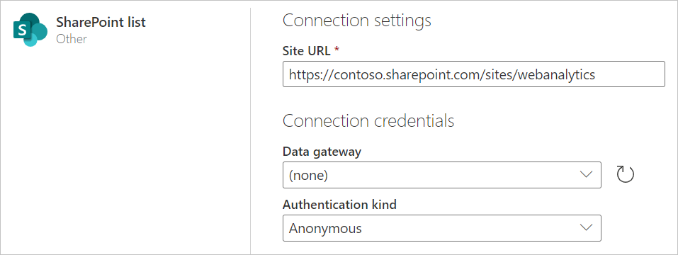 Skærmbillede af SharePoint-listesiden online med Site-URL-oplysningerne udfyldt.