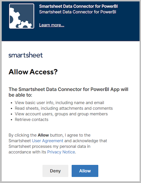 Skærmbillede af de Tillad adgang-vinduer, hvor du giver connectoren adgang til Smartsheet.