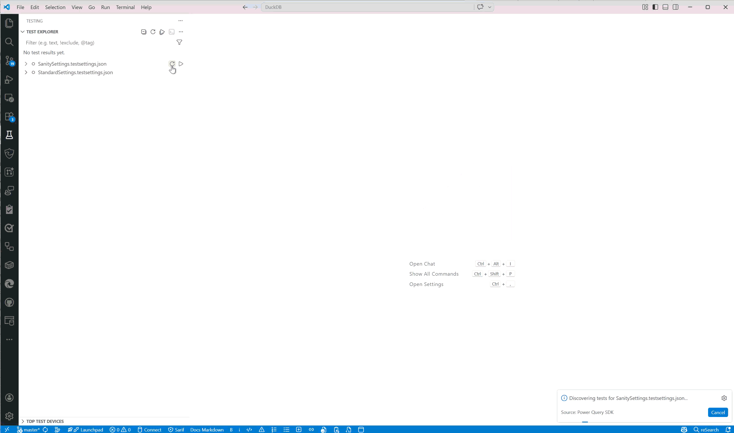 Skærmbillede af animation, der viser, hvordan du genopdager test for en indstillingsfil fra Test Explorer.